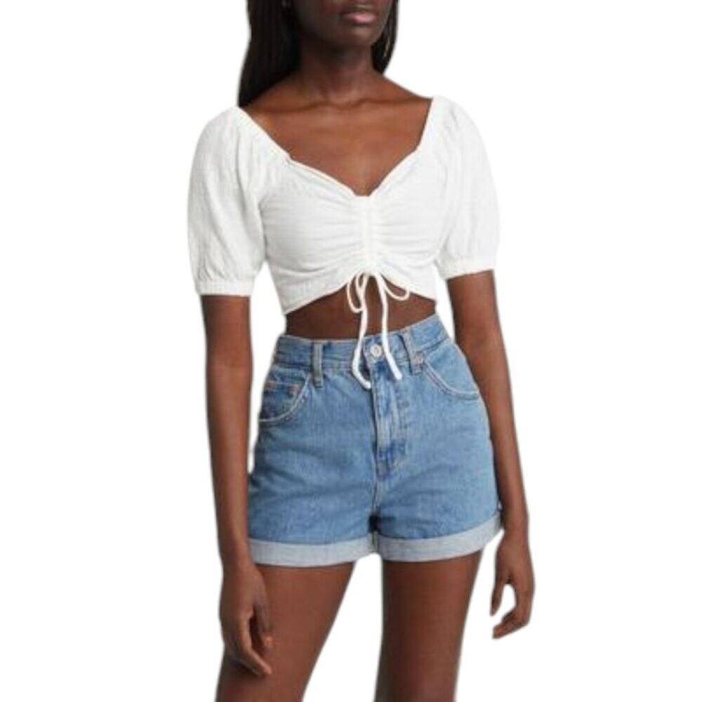 Roxy Flirt Ruched Cotton Gauze Crop Top White Size XXL NWOT $46 MSRP